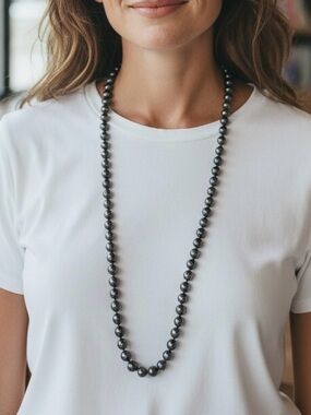 Long Black Hematite Bead Necklace – 32” Knotted Strand, Layering Piece